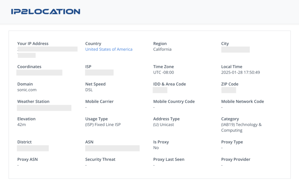 Screenshot of IP2Location